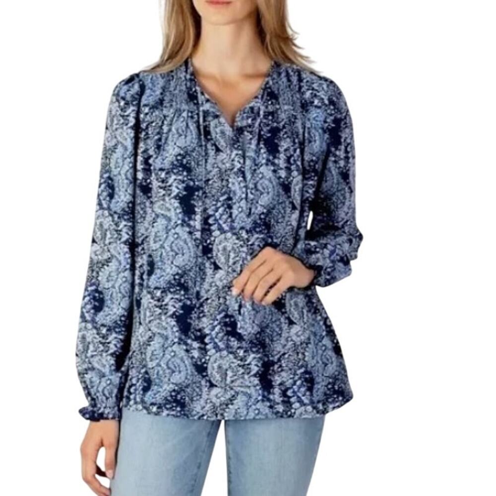 Joie Blue Parisian Paisley Peasant Tunic Blouse Long Sleeve Blue Women's Size XL